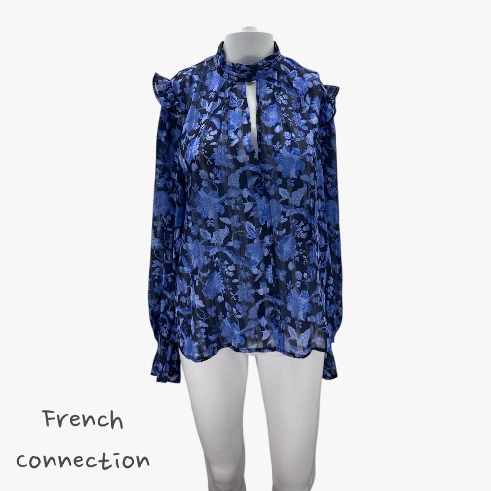 French Connection Women's Cynthia Fauna Top in Blue Floral Size 4 Glam Preppy